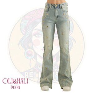 P006 OLI & HALI Lt Blue Denim Floral Embroidered Flare Stretch Jeans